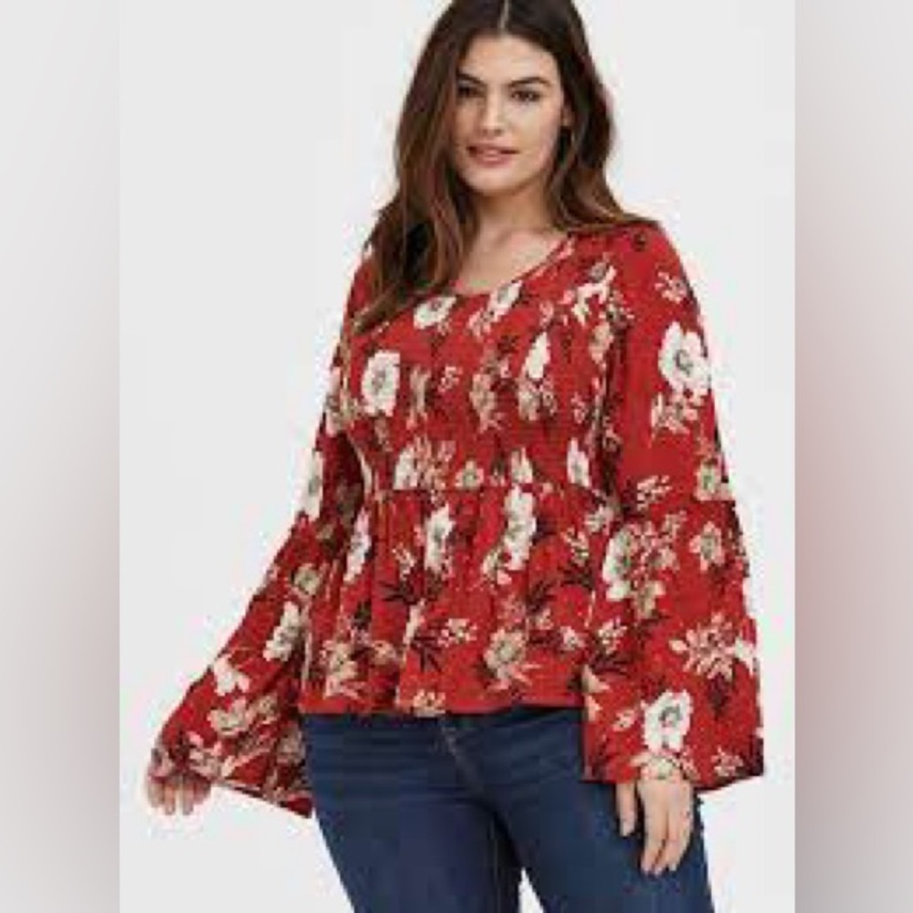 Torrid Floral Babydoll Crinkle Gauze Midi Top - Red - 2X